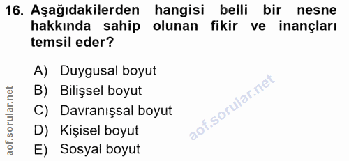 16. soru: Aşağıdakilerden hangisi belli bir nesne hakkında sahip olunan fikir ve inançları temsil eder? A) Duygusal boyut B) Bi…