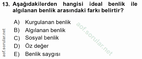 13. soru: Aşağıdakilerden hangisi ideal benlik ile algılanan benlik arasındaki farkı belirtir? A) Kurgulanan benlik B) Algılana…