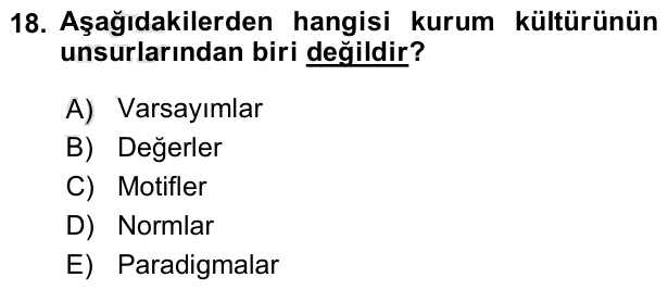 18. soru: Aşağıdakilerden hangisi kurum kültürünün unsurlarından biri değildir? A) Varsayımlar B) Değerler C) Motifler D) Norml…