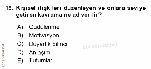 15. soru: Kişisel ilişkileri düzenleyen ve onlara seviye getiren kavrama ne ad verilir? A) Güdülenme B) Motivasyon C) Duyarlık…