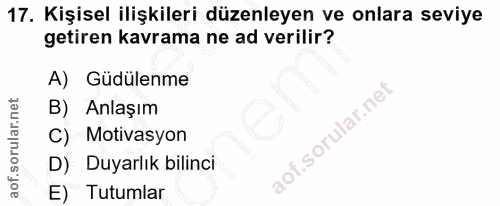 17. soru: Kişisel ilişkileri düzenleyen ve onlara seviye getiren kavrama ne ad verilir? A) Güdülenme B) Anlaşım C) Motivasyon D…