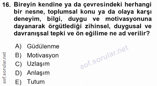 16. soru: Bireyin kendine ya da çevresindeki herhangi bir nesne, toplumsal konu ya da olaya karşı deneyim, bilgi, duygu ve moti…