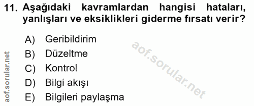 11. soru: Aşağıdaki kavramlardan hangisi hataları, yanlışları ve eksiklikleri giderme fırsatı verir? A) Geribildirim B) Düzeltm…