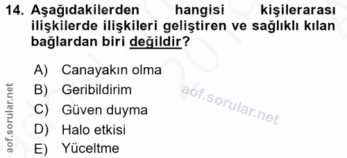 14. soru: Aşağıdakilerden hangisi kişilerarası ilişkilerde ilişkileri geliştiren ve sağlıklı kılan bağlardan biri değildir? A)…