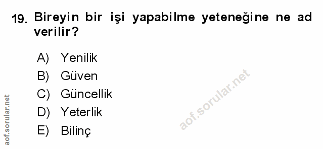 19. soru: Bireyin bir işi yapabilme yeteneğine ne ad verilir? A) Yenilik B) Güven C) Güncellik D) Yeterlik E) Bilinç