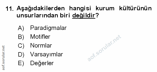 11. soru: Aşağıdakilerden hangisi kurum kültürünün unsurlarından biri değildir? A) Paradigmalar B) Motifler C) Normlar D) Varsa…