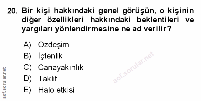 20. soru: Bir kişi hakkındaki genel görüşün, o kişinin diğer özellikleri hakkındaki beklentileri ve yargıları yönlendirmesine n…
