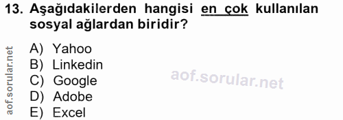 13. soru: Aşağıdakilerden hangisi en çok kullanılan sosyal ağlardan biridir? A) Yahoo B) Linkedin C) Google D) Adobe E) Excel