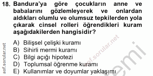 18. soru: Bandura'ya göre çocukların anne ve babalarını gözlemleyerek ve onlardan aldıkları olumlu ve olumsuz tepkilerden yola…