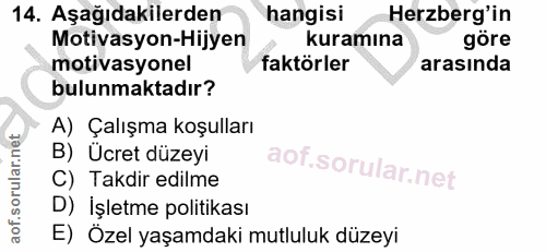 14. soru: Aşağıdakilerden hangisi Herzberg'in Motivasyon-Hijyen kuramına göre motivasyonel faktörler arasında bulunmaktadır? A)…