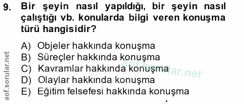 9. soru: Bir şeyin nasıl yapıldığı, bir şeyin nasıl çalıştığı vb. konularda bilgi veren konuşma türü hangisidir? A) Objeler ha…