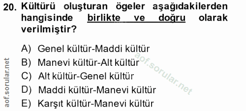 20. soru: Kültürü oluşturan ögeler aşağıdakilerden hangisinde birlikte ve doğru olarak verilmiştir? B) Manevi kültür-Alt kültür…