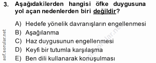 3. soru: Aşağıdakilerden hangisi öfke duygusuna yol açan nedenlerden biri değildir? A) Hedefe yönelik davranışların engellenme…