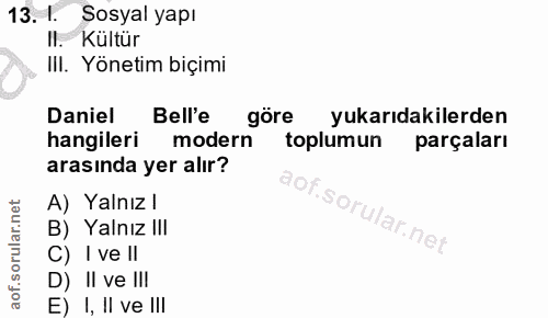13. soru: 1. Sosyal yapı II. Kültür IlI. Yönetim biçimi Daniel Bell'e göre yukarıdakilerden hangileri modern toplumun parçaları…