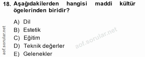 18. soru: Aşağıdakilerden hangisi maddi kültür ögelerinden biridir? A) Dil B) Estetik C) Eğitim D) Teknik değerler E) Gelenekler