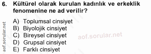 6. soru: Kültürel olarak kurulan kadınlık ve erkeklik fenomenine ne ad verilir? A) Toplumsal cinsiyet B) Biyolojik cinsiyet C)…