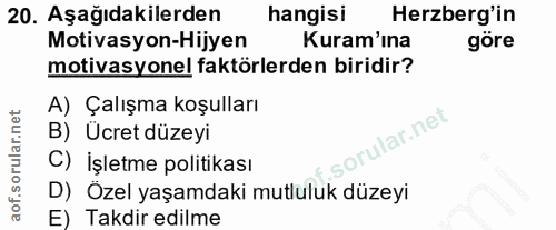 20. soru: Aşağıdakilerden hangisi Herzberg'in Motivasyon-Hijyen Kuram'ına göre motivasyonel faktörlerden biridir? A) Çalışma ko…