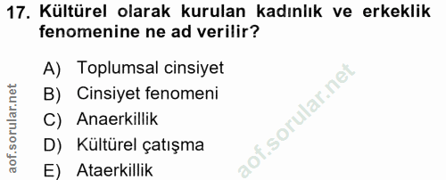 17. soru: Kültürel olarak kurulan kadınlık ve erkeklik fenomenine ne ad verilir? A) Toplumsal cinsiyet B) Cinsiyet fenomeni C)…
