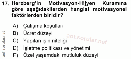 17. soru: Herzberg'in Motivasyon-Hijyen Kuramına göre aşağıdakilerden hangisi motivasyonel faktörlerden biridir? A) Çalışma koş…