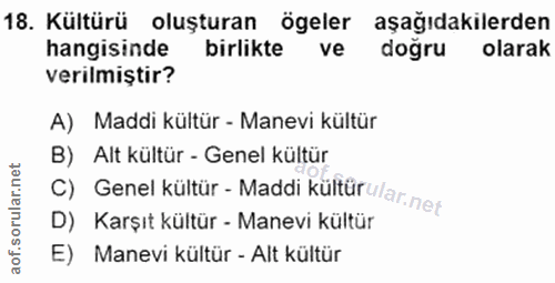 18. soru: Kültürü oluşturan ögeler aşağıdakilerden hangisinde birlikte ve dogru olarak verilmiştir? A) Maddi kültür - Manevi kü…