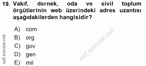 19. soru: Vakıf, dernek, oda ve sivil toplum örgütlerinin web üzerindeki adres uzantisı aşağıdakilerden hangisidir? A) com B) o…
