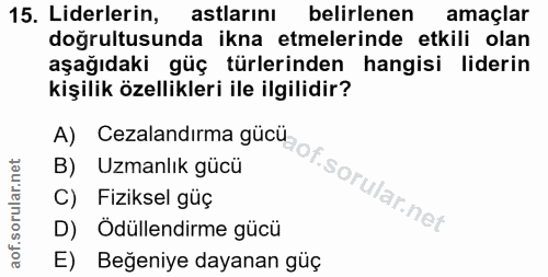 15. soru: Liderlerin, astlarını belirlenen amaçlar doğrultusunda ikna etmelerinde etkili olan aşağıdaki güç türlerinden hangisi…