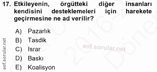 17. soru: Etkileyenin, örgütteki diğer insanları kendisini desteklemeleri için harekete geçirmesine ne ad verilir? A) Pazarlık…