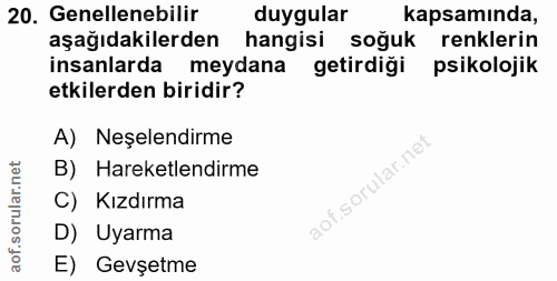 20. soru: Genellenebilir duygular kapsamında, aşağıdakilerden hangisi soğuk renklerin insanlarda meydana getirdiği psikolojik e…