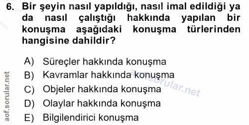 6. soru: Bir şeyin nasıl yapıldığı, nasıl imal edildiği ya da nasıl çalıştığı hakkında yapılan bir konuşma aşağıdaki konuşma t…