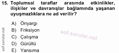 15. soru: Toplumsal taraflar arasında etkinlikler, ilişkiler ve davranışlar bağlamında yaşanan uyuşmazlıklara ne ad verilir? A)…