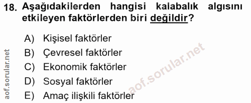 18. soru: Aşağıdakilerden hangisi kalabalık algısını etkileyen faktörlerden biri değildir? A) Kişisel faktörler B) Çevresel fak…