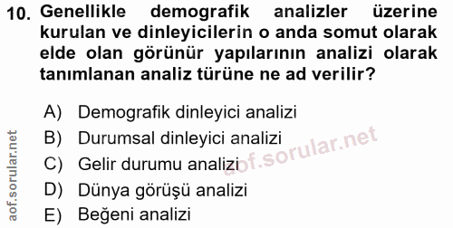 10. soru: Genellikle demografik analizler üzerine kurulan ve dinleyicilerin o anda somut olarak elde olan görünür yapılarının a…