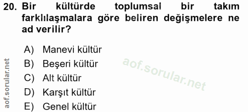 20. soru: Bir kültürde toplumsal bir takım farklılaşmalara göre beliren değişmelere ne ad verilir? A) Manevi kültür B) Beşeri k…