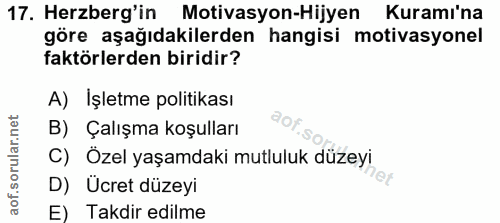 17. soru: Herzberg'in Motivasyon-Hijyen Kuramı'na göre aşağıdakilerden hangisi motivasyonel faktörlerden biridir? A) İşletme po…