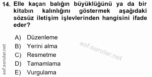 14. soru: Elle kaçan balığın büyüklüğünü ya da bir kitabın kalınlığını göstermek aşağıdaki sözsüz iletişim işlevlerinden hangis…
