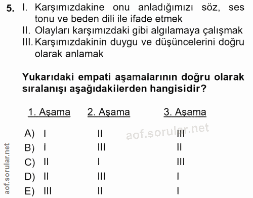 5. soru: I. Karşımızdakine onu anladığımızı söz, ses tonu ve beden dili ile ifade etmek II. Olayları karşımızdaki gibi algılam…