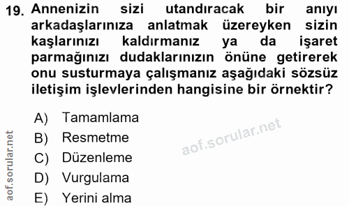 19. soru: Annenizin sizi utandiracak bir anıyı arkadaşlarınıza anlatmak üzereyken sizin kaşlarınızı kaldırmanız ya da işaret pa…