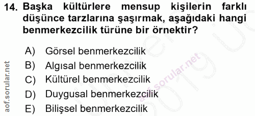 14. soru: Başka kültürlere mensup kişilerin farklı düşünce tarzlarına şaşırmak, aşağıdaki hangi benmerkezcilik türüne bir örnek…