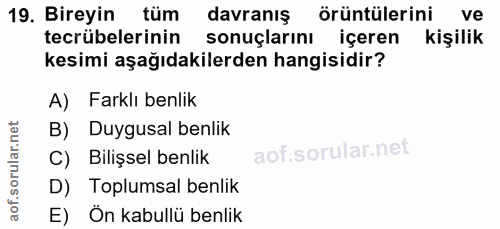 19. soru: Bireyin tüm davranış örüntülerini ve tecrübelerinin sonuçlarını içeren kişilik kesimi aşağıdakilerden hangisidir? A)…