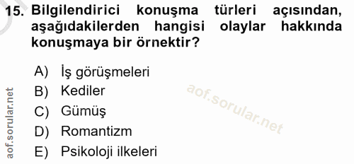 15. soru: Bilgilendirici konuşma türleri açısından, aşağıdakilerden hangisi olaylar hakkında konuşmaya bir örnektir? A) İş görü…