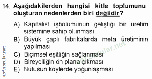 14. soru: Aşağıdakilerden hangisi kitle toplumunu oluşturan nedenlerden biri değildir? A) Kapitalist işbölümünün geliştiği bir…