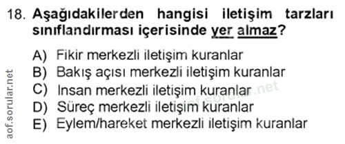 18. soru: Aşağıdakilerden hangisi iletişim tarzları sınıflandırması içerisinde yer almaz? A) Fikir merkezli iletişim kuranlar B…