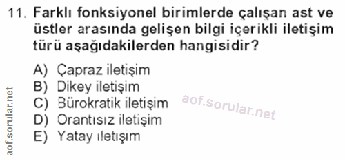 11. soru: Farklı fonksiyonel birimlerde çalışan ast ve üstler arasında gelişen bilgi içerikli iletişim türü aşağıdakilerden han…