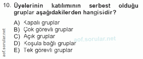 10. soru: Uyelerinin katılımının serbest oldugu gruplar aşağıdakilerden hangisidir? A) Kapalı gruplar B) Çok görevli gruplar C)…