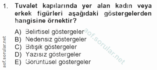 1. soru: Tuvalet kapılarında yer alan kadın veya erkek figürleri aşağıdaki göstergelerden hangisine örnektir? A) Belirtisel go…
