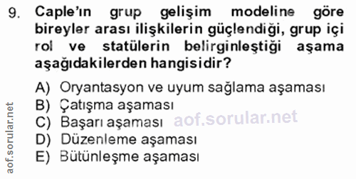 9. soru: Caple'in grup gelişim modeline göre bireyler arası ilişkilerin güçlendiği, grup içi rol ve statülerin belirginleştiği…