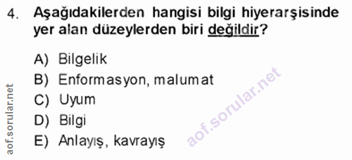 4. soru: Aşağıdakilerden hangisi bilgi hiyerarşisinde yer alan düzeylerden biri değildir? A) Bilgelik B) Enformasyon, malumat…