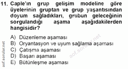 11. soru: Caple'in grup gelişim modeline göre üyelerinin gruptan ve grup yaşantısından doyum sagladikları, grubun geleceginin s…