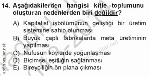 14. soru: Aşağıdakilerden hangisi kitle toplumunu oluşturan nedenlerden biri değildir? A) Kapitalist işbölümünün geliştiği bir…