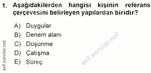 1. soru: Aşağıdakilerden hangisi kişinin referans çerçevesini belirleyen yapılardan biridir? A) Duygular B) Denem alanı et C)…
